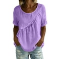 thumbnail image 4 of Nmnitkp Linen Tops for Women Solid Color Linen Blend Gathered Crew Neck Short Sleeve Blouse, Loose Fit Casual Summer Tops for Daily Wear Purple,2XL, 4 of 9