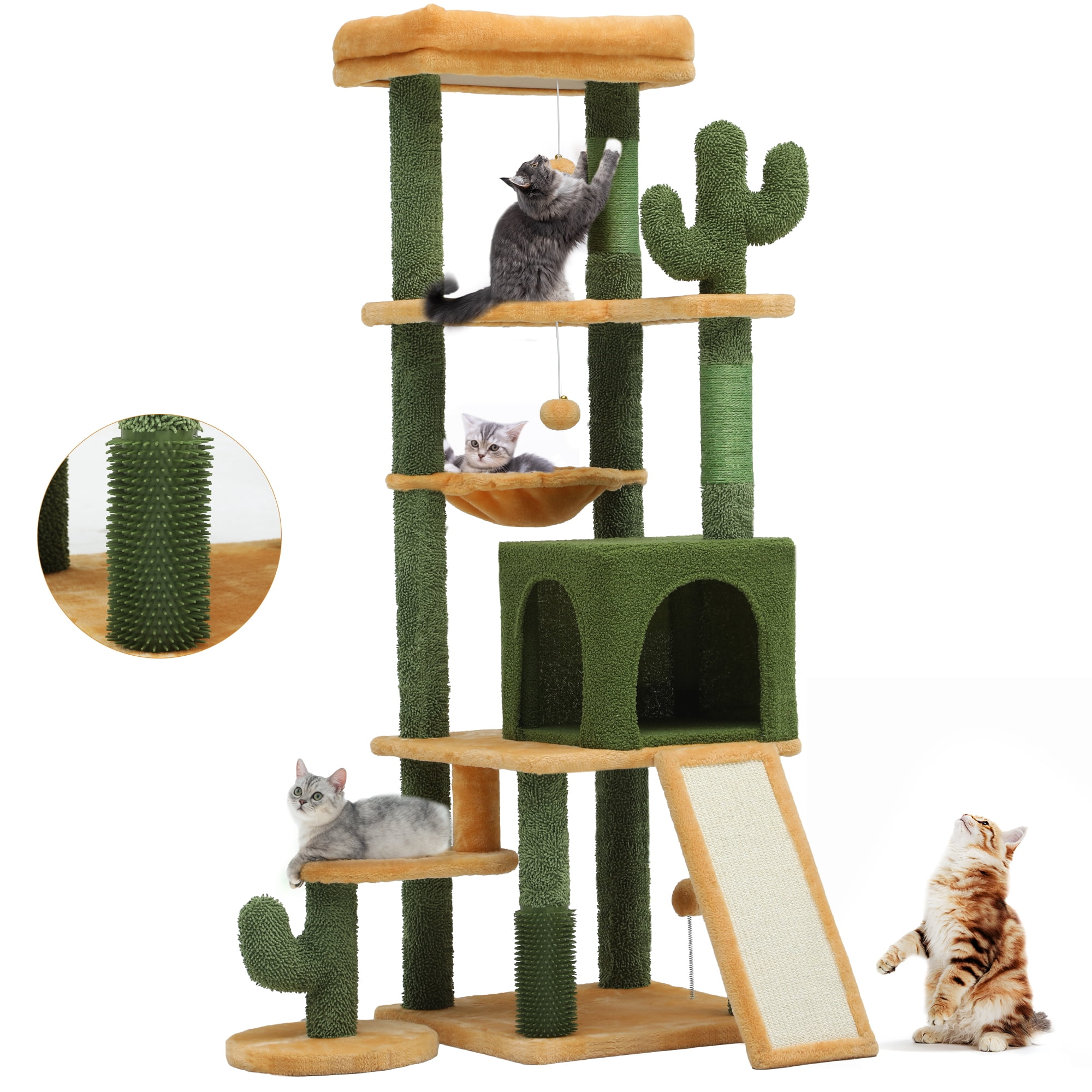 Uforic 60" Cactus Cat Tree Tower, Multi-Level Cat Tree House with Scratching Post, Ladder & Pompom Balls, Green&Yellow