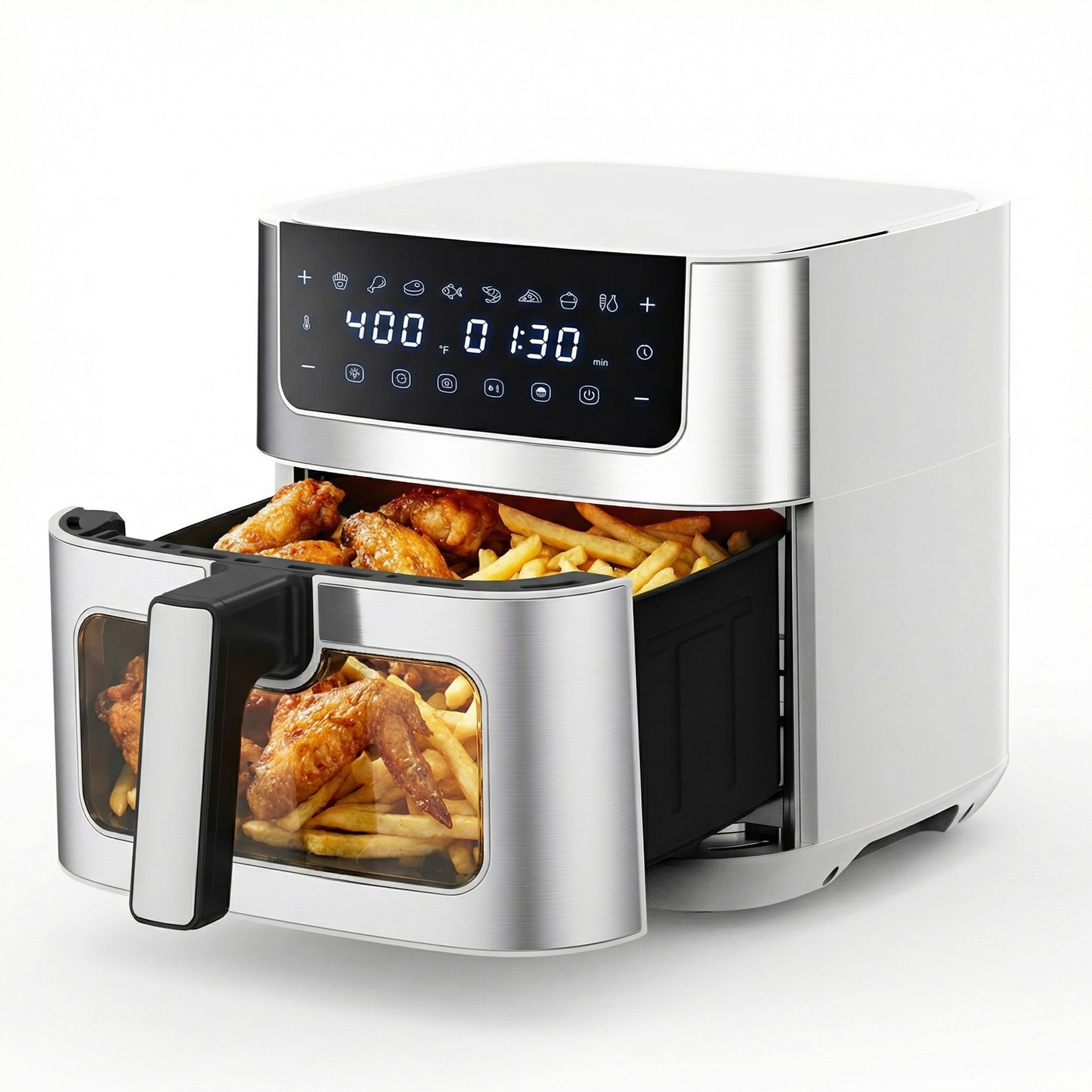 EDX 6QT Stainless Steel Air Fryer with Digital Touchscreen, 1500W, 8 Presets, Dishwasher Safe Basket, 90 Min Timer, 24H Delay Start, White