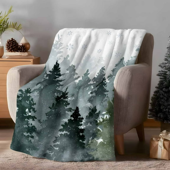 Throw Blanket Fleece Throw Blanket 40x50in, Christmas Tree Winter Snowflake Soft Lightweight Bed Blankets Green Pine Forest Watercolor Fuzzy Couch Blankets for All Season