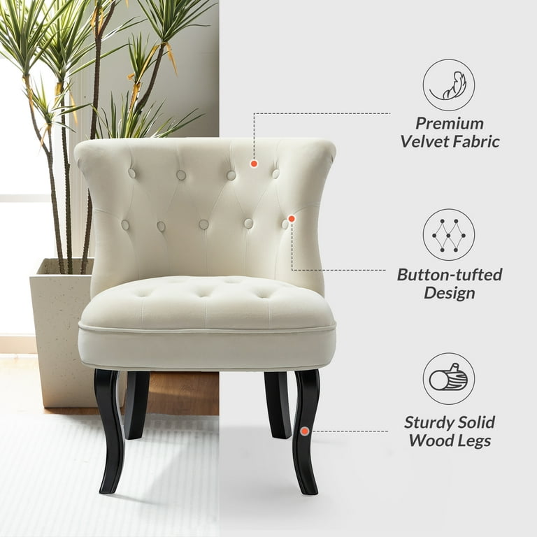 Velvet Makeup Vanity Table Chair Accent Upholstered Armless Wooden Legs Home Bedroom Living Room White Adult Ivory