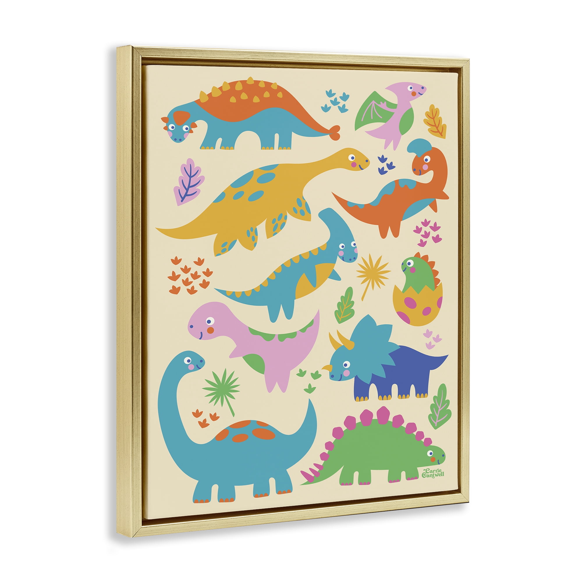 Stupell Industries Cute Whimsy Dinos Animals Painting Gold Floater Framed Canvas Art Print Wall Art, 25 x 31