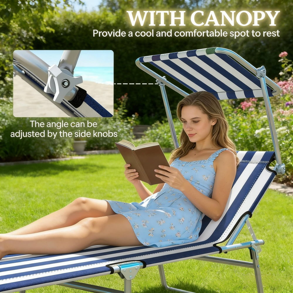 Outdoor Folding Chaise Lounge with Detachable Adjustable Awning, 4-Level Reclining Backrest, Blue & White Portable Pool Beach Lounger