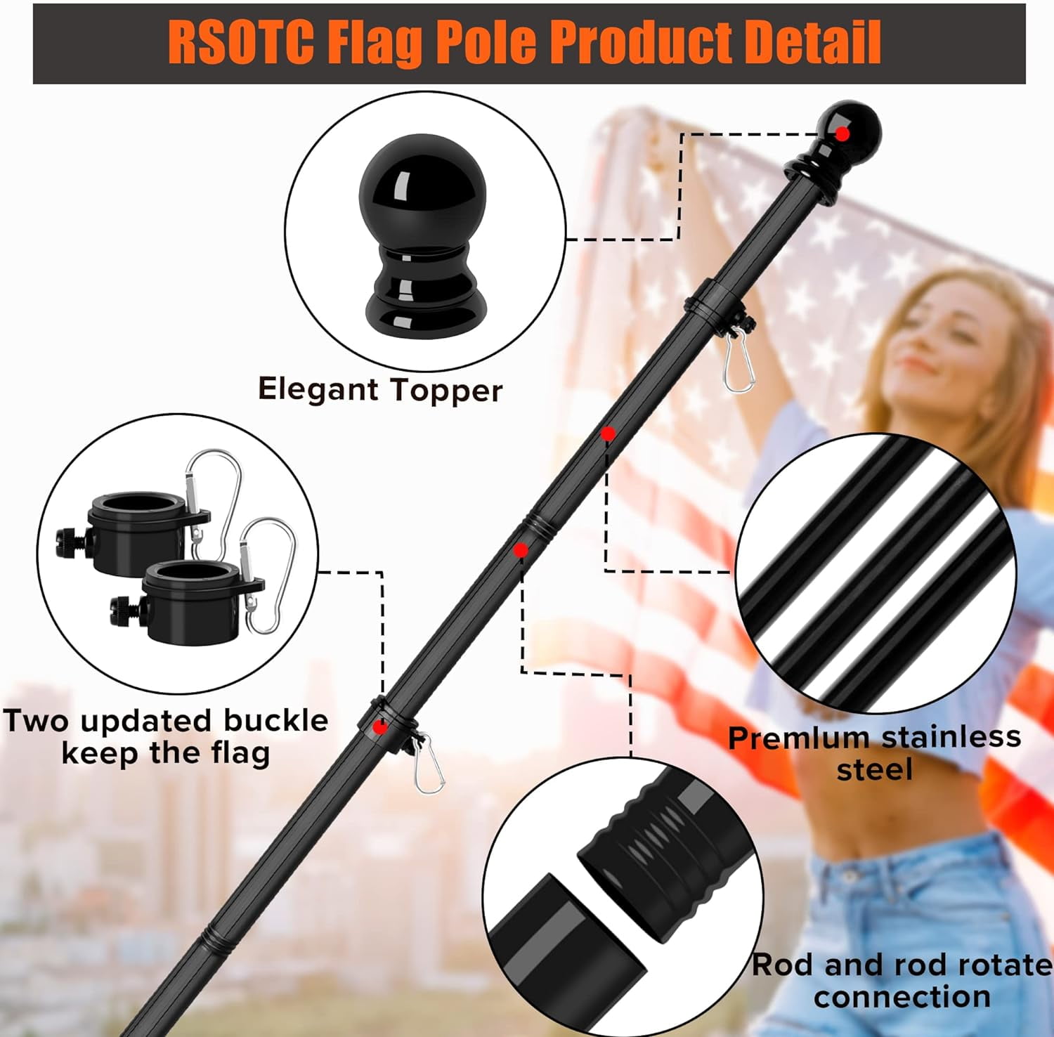 Flag Poles for Outside House 6FT Stainless Steel Metal Black Flag Pole kit Tangle Free Residential Heavy Duty for Truck,House,Porch,Yard,Boat Suitable for 3x5 Heavy Garden Flag (06Black, 6ft)