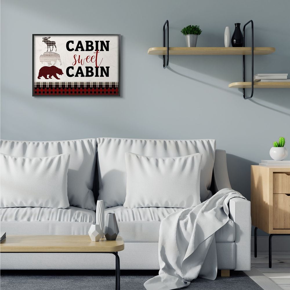 Stupell Industries Cabin Sweet Cabin Words Forest Animals Red Plaid Greeting Framed Wall Art Design by Kim Allen, 24" x 30", Black Framed