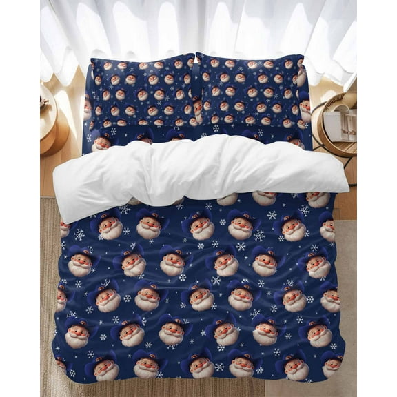 Cowboy Santa Claus Bedding Duvet Cover Set Twin Size 4 Pieces Christmas Xmas Snowflake Dark Blue Bedding Set with Zipper Closure, 1 Comforter Cover 68x86 Inches 1 Flat Sheet & 2 Pillow Cases