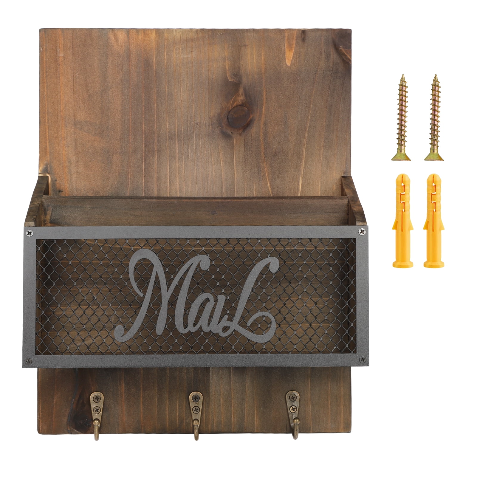 Dongyi Rustic Farmhouse Mail Organizer Wall Mounted - Wooden Mail Sorter with 3 Hooks for Letters, Keys & Magazines, Brown Entryway Decor with Newspaper Slot