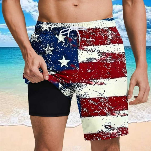cllios 4th of July Mens Bathing Suits with Compression Liner 5 Inch Elastic Waist Drawstring Board Shorts American Flag Quick Dry Swim Trunks for Men