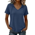 thumbnail image 2 of Jamicy Blouse Hoodies for Women Solid Color V Neck Short Sleeve Lightweight Sweatshirts Drawstring Pullover Tops, 2 of 8