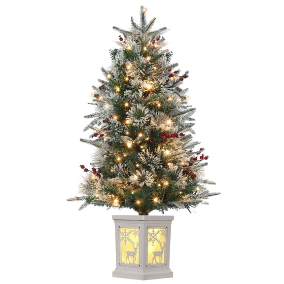 ChaoLink (A) 3FT Snow Flocked Christmas Tree, Small Artificial Christmas Tree with Base & 78 Lights, 8 Lighting Modes Hinged Xmas Tree, Christmas Decor