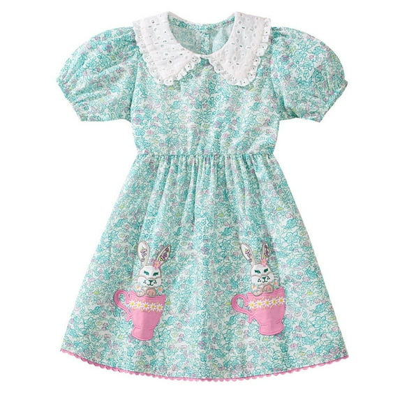 Tisuna Cute Dress For Girls Toddler Floral Print Short Sleeve Lapel Collar Dresses Fashion Breathable Baby Princess Summer Dress Light Green Size 2-3 Years