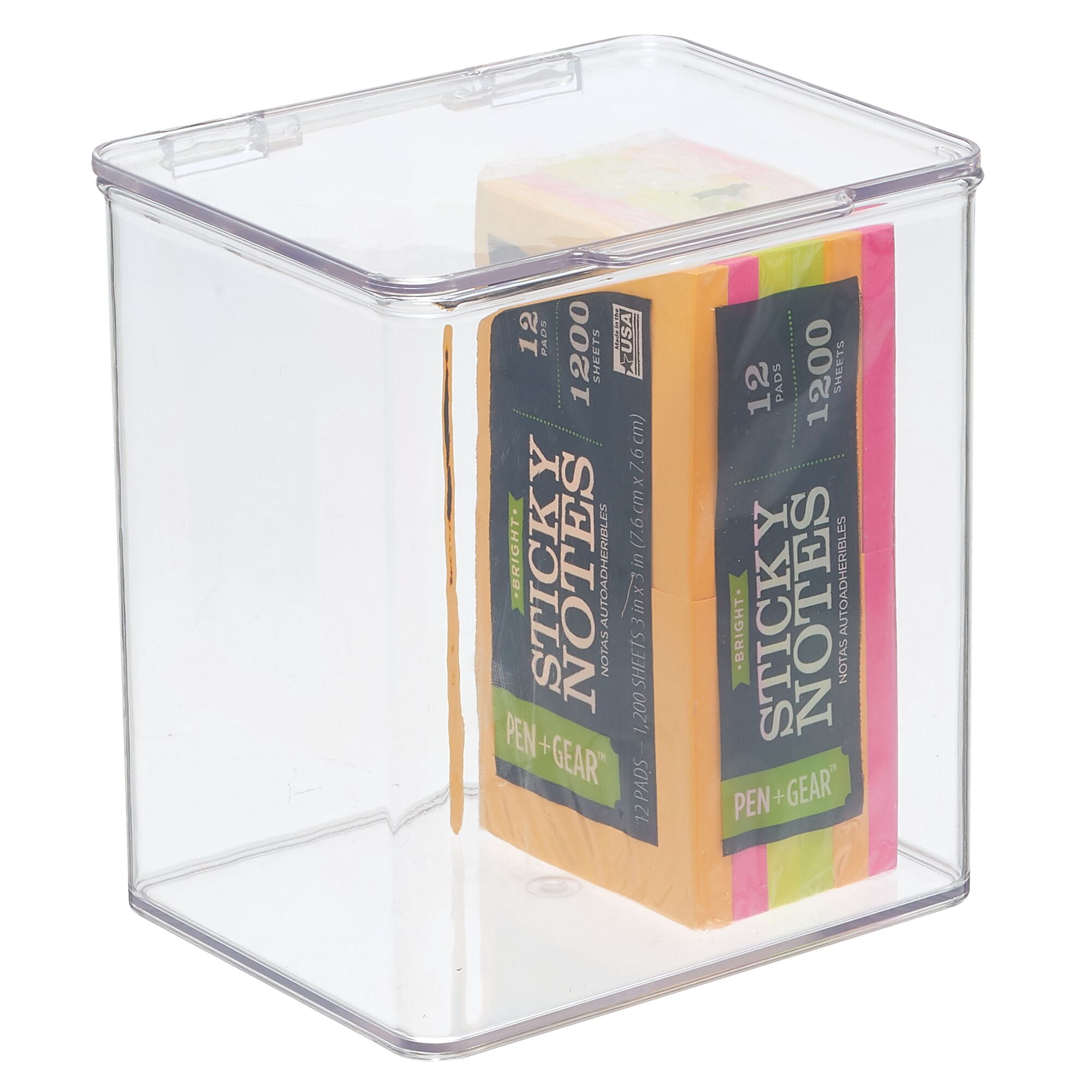 mDesign Plastic Desk Organizer Bin Box, Hinge Lid for Home Office, 4 Pack, Clear