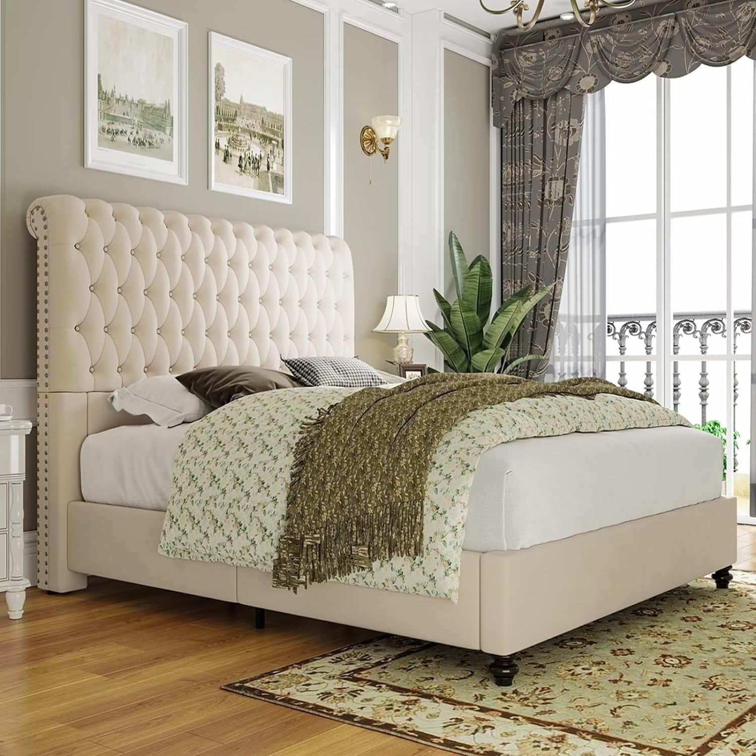 Merluxy Upholstered Queen Bed Frame with Headboard Sleigh PlatformTufted Bed/Cream