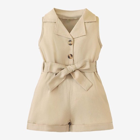 Ticikt Toddler Girls' Sleeveless Blazer Romper, Belted Button-Down Jumpsuit with Shorts,Khaki