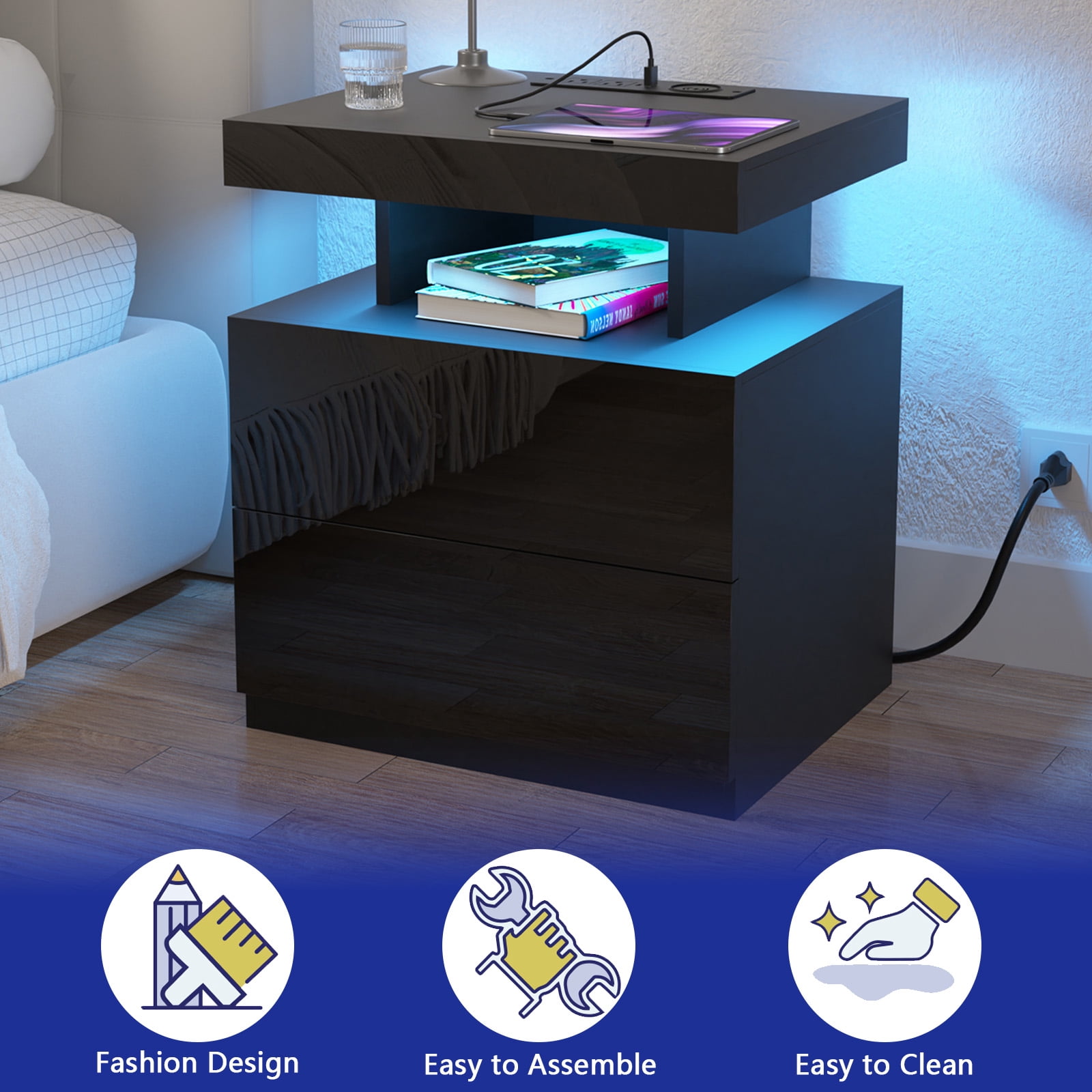 Hommpa Modern LED Nightstand with Charging Station USB Type C 2 Drawer Bedside Table High Gloss Black Smart Nightstands End Side Table for Bedroom