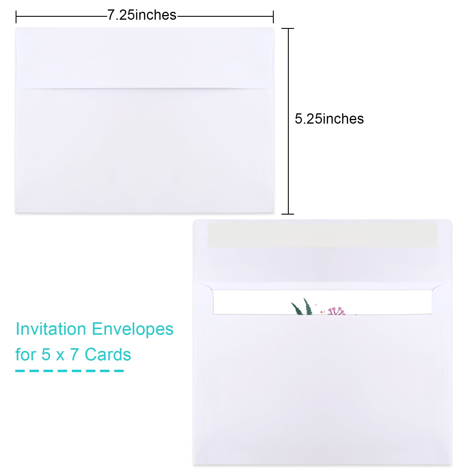 A7 Printable White Envelopes 5x7 100 Pack Quick Self Seal,for 5x7 Cards  Perfect for Weddings, Invitations, Photos, Graduation, Baby Shower 5.25 x  7.25