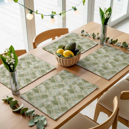Morocco Sage Green Geometric Placemats Set of 4,Wipeable Washable Table Mats for Dining Tables, Abstract Marble Texture Place Mats for Kitchen Event Party Tabletop Decor