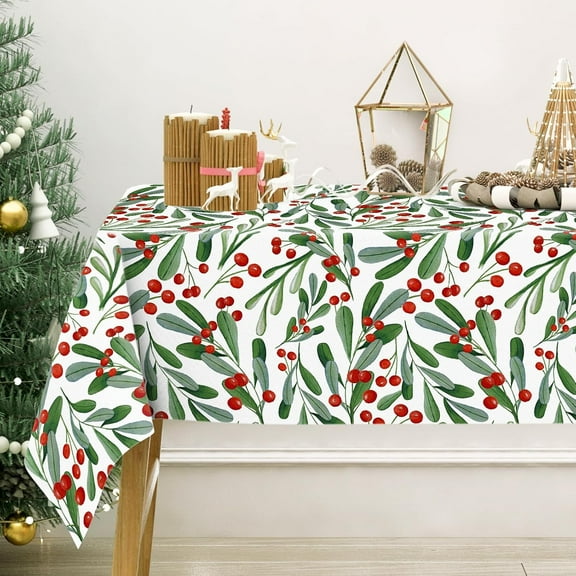 Christmas Tablecloth Rectangle Holly Berry with Leaves Fabric Table Cloth Xmas Washable Table Cover for Picnic Dining Table Decor, 60 x 102 Inch