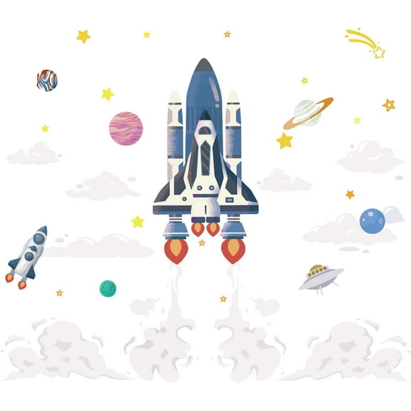Cartoon Rocket Stickers Colorful Space Saucer Wall Art Planetary Clouds Wall Decals Peel and Stick Removable Wall Stickers for Boy's Room s Room Space Fans Making DIY