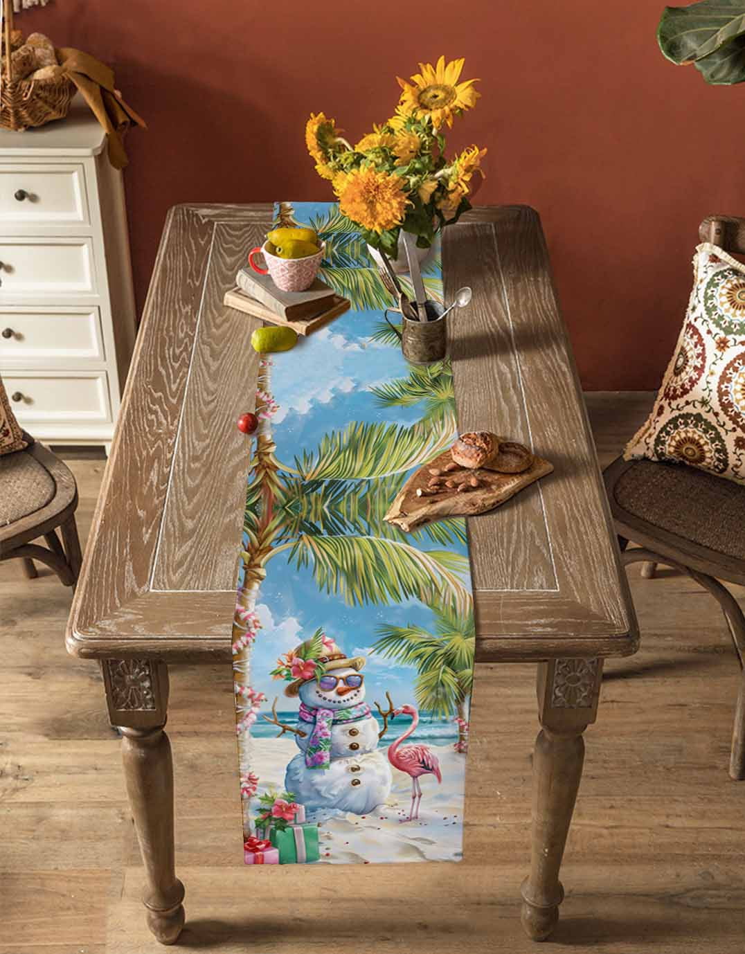 Coastal Snowman Christmas Table Runner Xmas Tree Flamingo Beach Tablerunners 13 x 120 Inch, Table Decorations Tabletop Scarf for Summer Gathering Holiday Farmhouse Kitchen Dining Decor