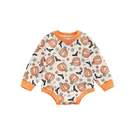 

CenturyX Newborn Baby Girls Halloween Rompers Kids Boys Pumpkin Long Sleeve Bodysuit One piece Clothes Orange 6-12 Months