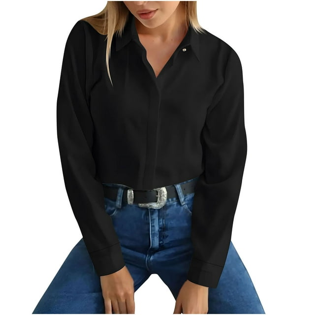 JMKQLZ Women's New Solid Color Long Sleeved Lapel Shirt With Hidden Buttons