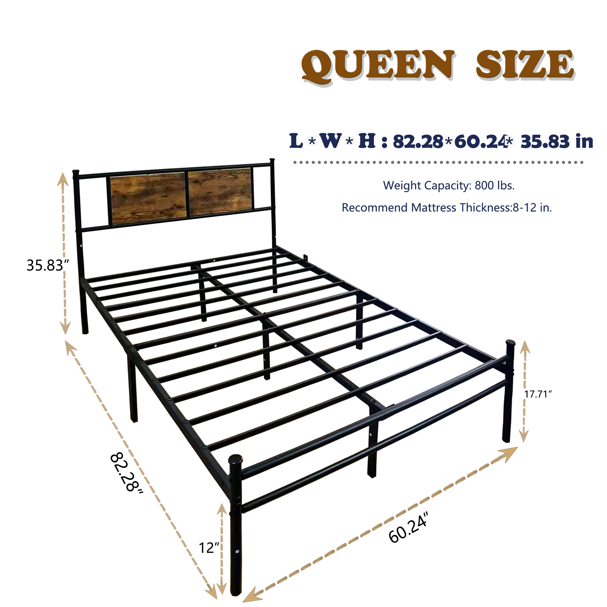 Queen Size Bed Frame with Headboard, Metal Platform Bed Frame with Metal Slats Support, Easy Assembly, Black