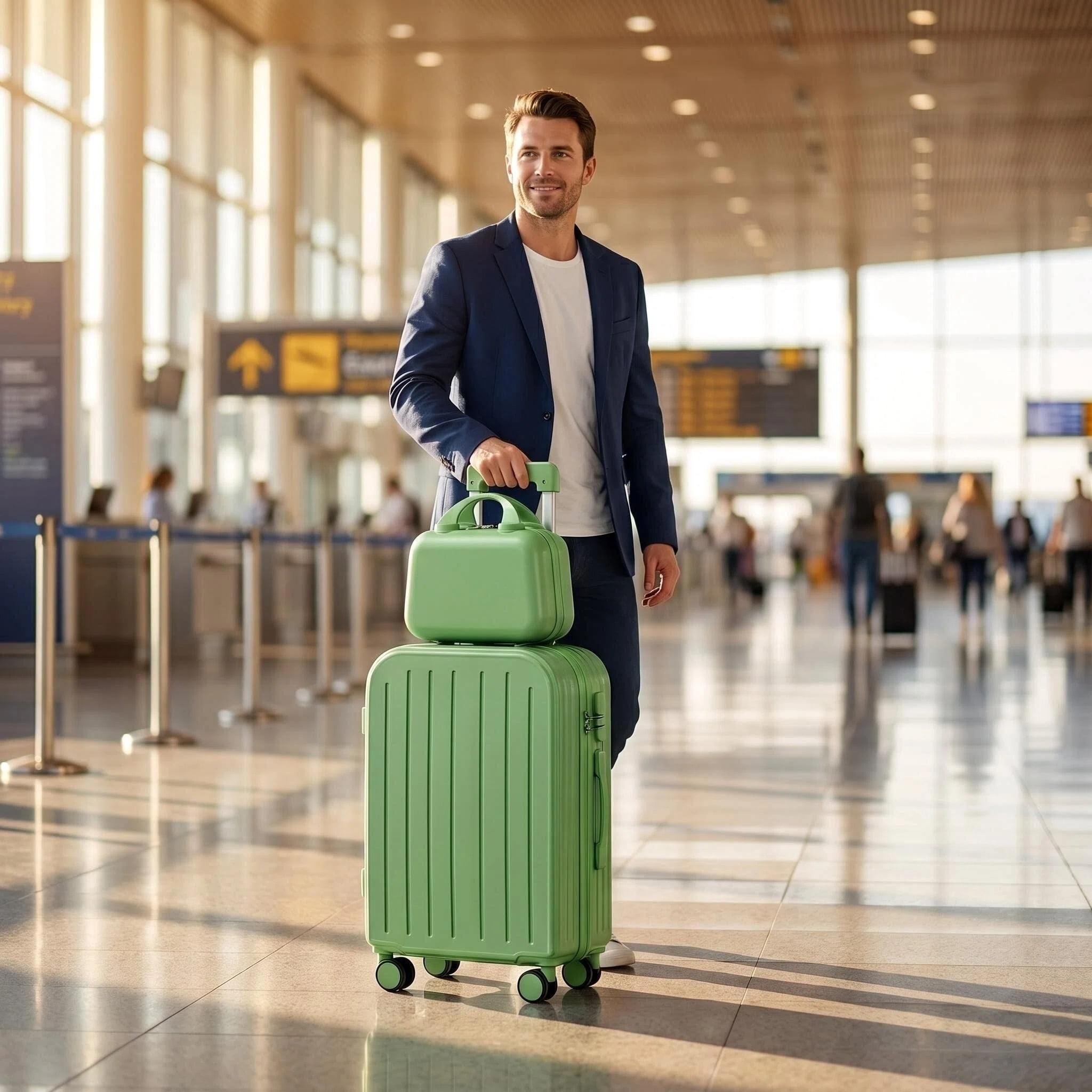 HEMXSZH 20 Inch ABS+PC Hardside Rolling Luggage with Handbag, Cup Holder & USB Port Suitcase, Green