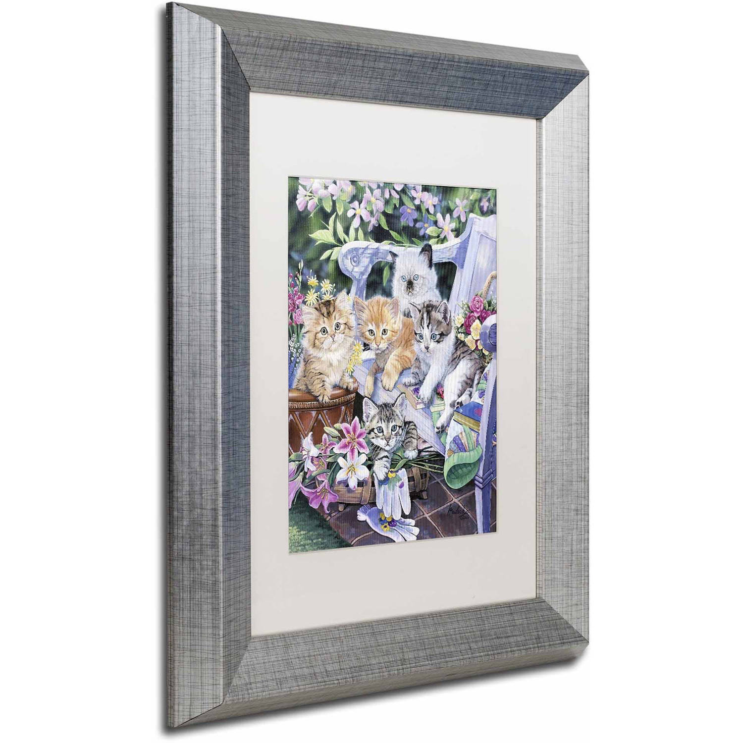 Trademark Fine Art 'Purfect Gardening Buddies' Canvas Art by Jenny Newland, White Matte, Silver Frame