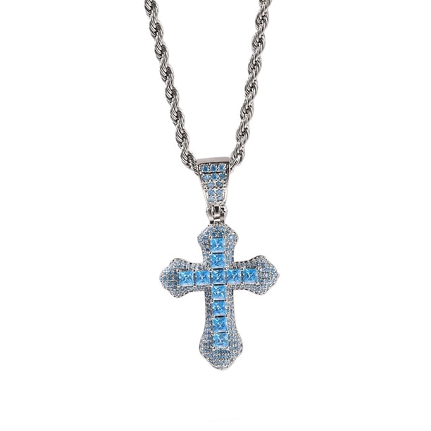Collar de cruz de circonita con cadena de acero inoxidable Azul Sunnimix