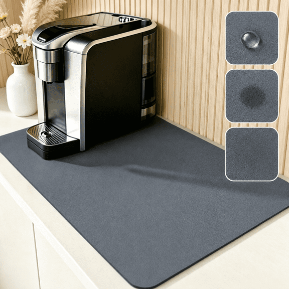 Qutool Dish Drying Mat, 16 x 24 in Absorbent Coffee Mat for Kitchen Counter, Rubber Backed Coffee Bar Mat, Gray