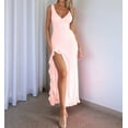 thumbnail image 2 of Deliqiba Women V Neck Sleeveless Mesh Ruffle Hem Bodycon Maxi Casual Backless High Slit Cocktail Party Dress Pink M, 2 of 8