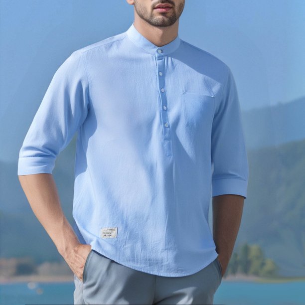 pstuiky camisetas de hombre, Camisa informal de lino con botones, manga tres cuartos y cuello alto para hombre, color liso camisas casuales para hombre xl