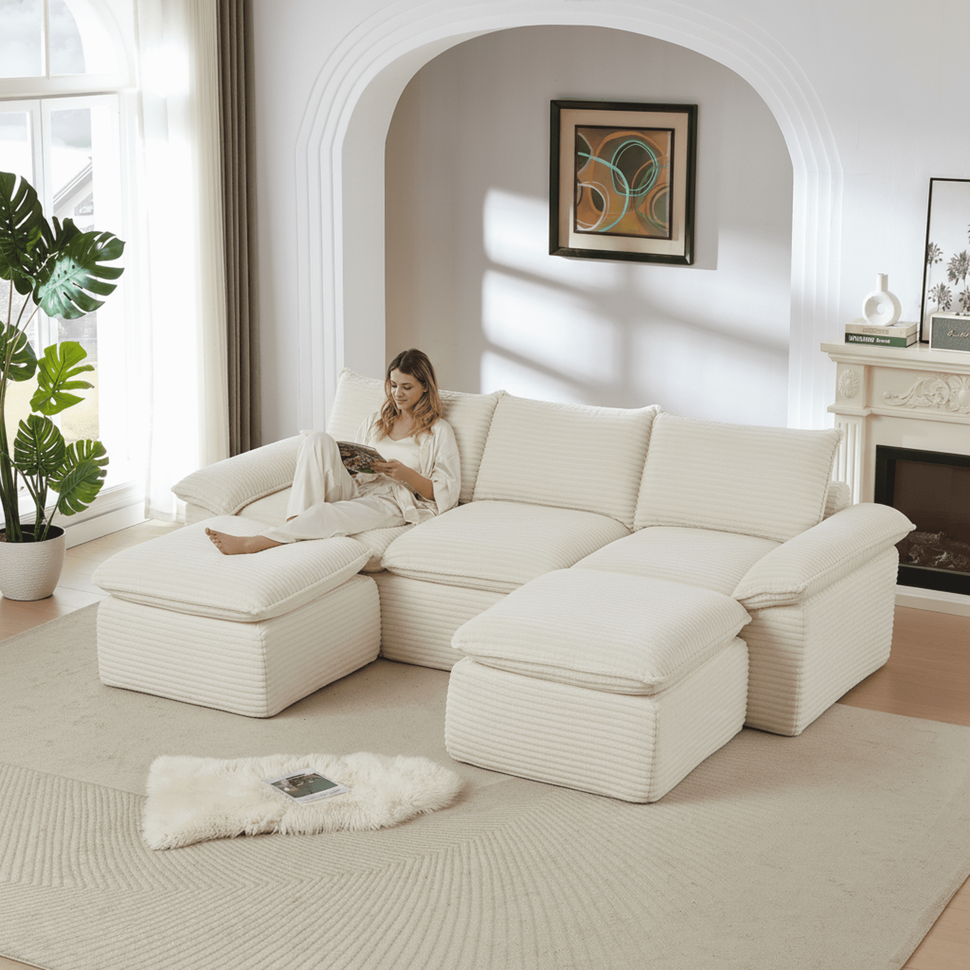 MAYEERTY Modern Modular Corduroy Sofa, White Cloud-Soft Sectional Couch for Apartment