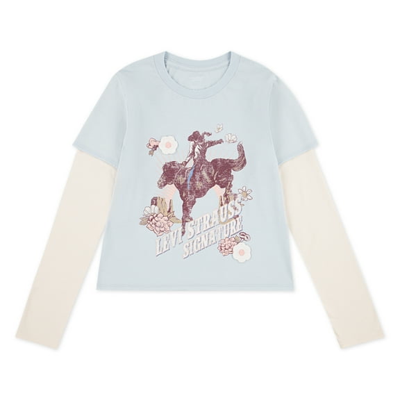Levi Strauss Signature Girls Long Sleeve Two-fer Graphic Tee, Sizes 4-16