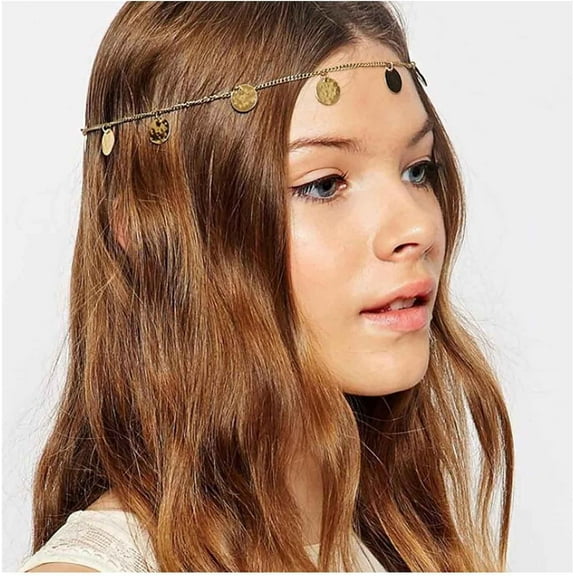 Inilbran Boho Coin Head Chain Headband Vintage Gold Disc Hair Chain Headdress Gold Sequin Headband Headpiece Costume Hair Accessories Jewelry For Women And Girls