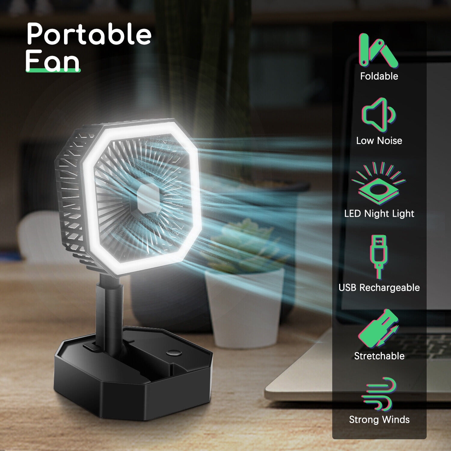 LED Light USB Rechargeable Foldable Fan Table Desk Mini Portable Air