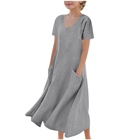 HBGVBA Girl's Casual Dresses,Short Sleeve Dress for Girl Teen,5-16 Years Linen Like Short Sleeve Solid Color With Pockets Crew Neck Dress