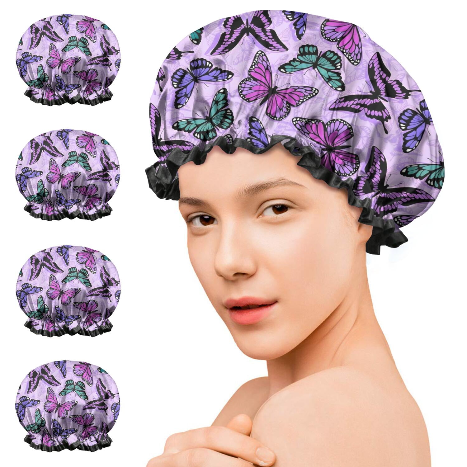 Shower Caps,Purple Butterfly Pattern Waterproof Shower Cap for Women 4 Pieces,Double Reusable Hair Cover for Shower PEVA Elastic Stretch Hem