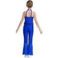 thumbnail image 5 of iiniim Girls Sequins Jumpsuit One Piece Fish Scale Performance Leotard Mermaid Mesh Halter Flared Leg Bodysuit Blue 14, 5 of 7