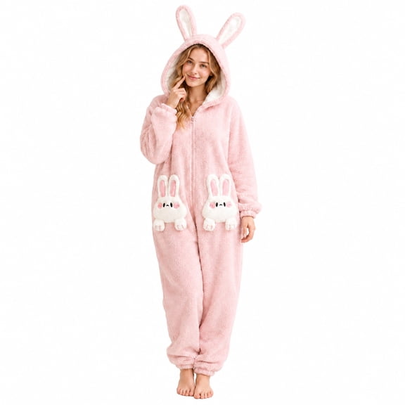 Women's Pink Bunny Onesie Pajamas Hooded Animal Romper with Ears and Pockets Cozy Fleece Sleepwear Cute Winter Loungewear