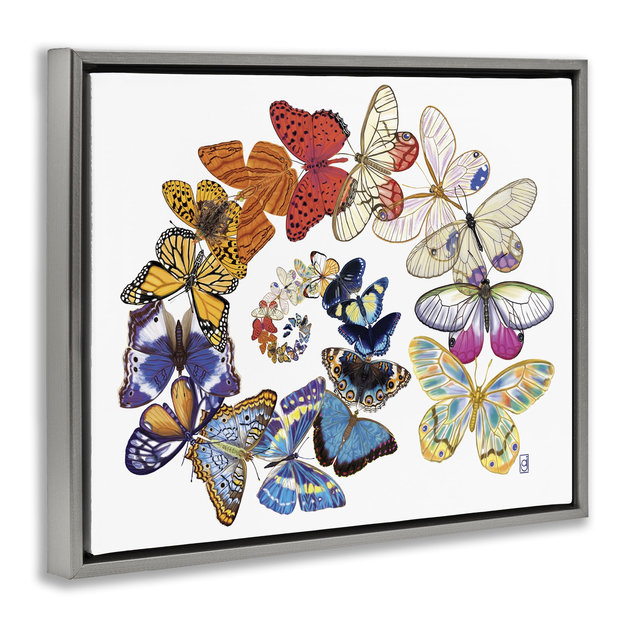 Stupell Industries Flying Butterfly Spiral Animals Painting Gray Floater Framed Canvas Art Print Wall Art, 21 x 17