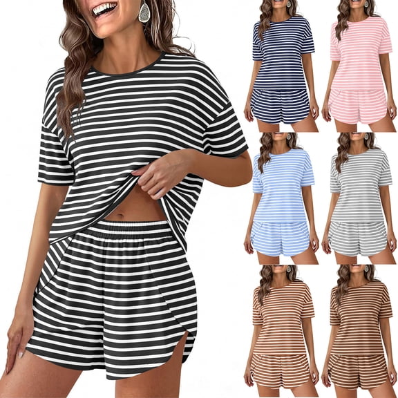 Miluxas Two Piece Stripe Pajamas Set Women Nightwear Short Sleeve Sleepwear Soft Side Split Loungewear Pjs Sets Pink