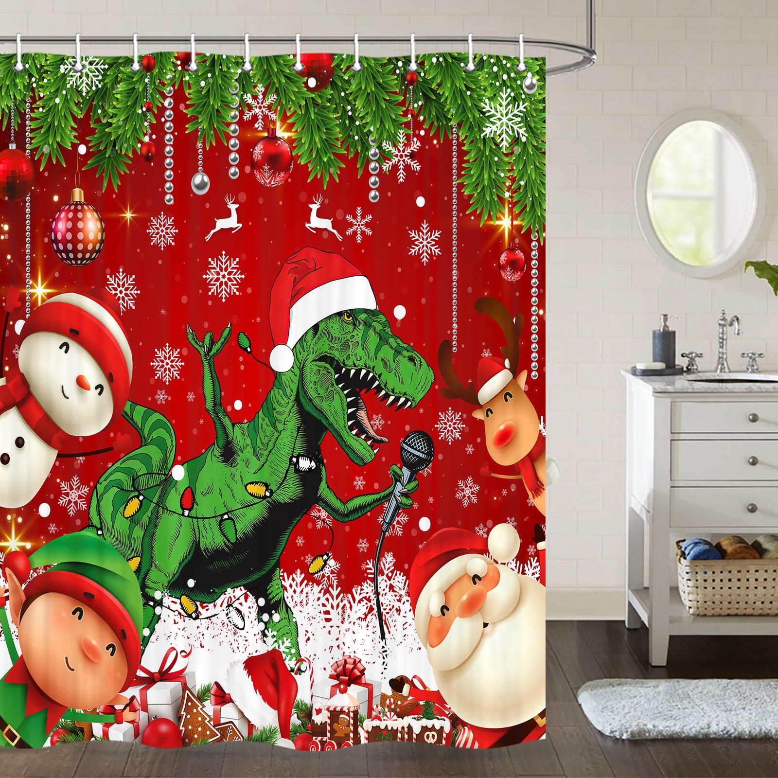 Funny Christmas Shower Curtain, Cute Dinosaur in Santa Hat Singing