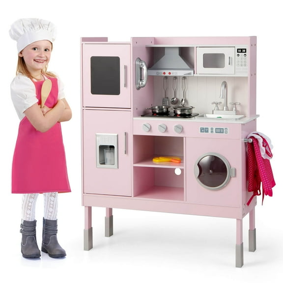 Costway Kids Pretend Kitchen Play Set Toddler Toy Wooden Chef Height Adjustable with Sounds
