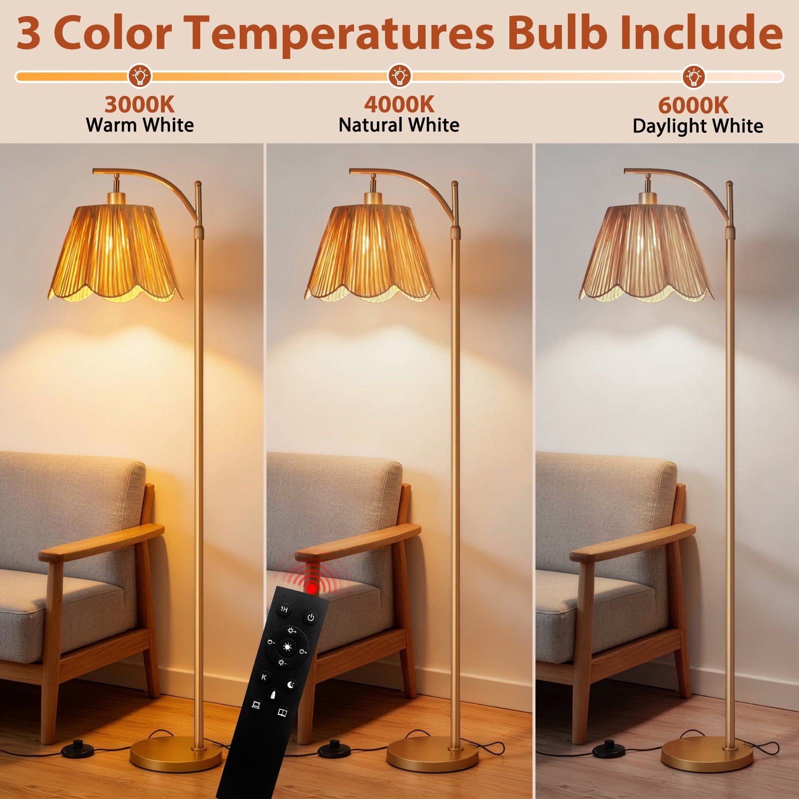 67" Arc Floor Lamp for Living Room,Rattan Boho Floor Lamp with Remote Control,3 Color Temperature Dimmable Standing Lamp Tall Pole Lamps for Bedroom,Gold,Bulb Included