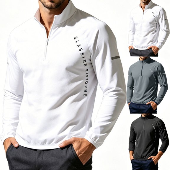 Asxite Men Plus Size Summer Tops Stand Collar Long Sleeve Solid Zip Elastic Stretch Fitness Training Sun Protection Sport Shirts