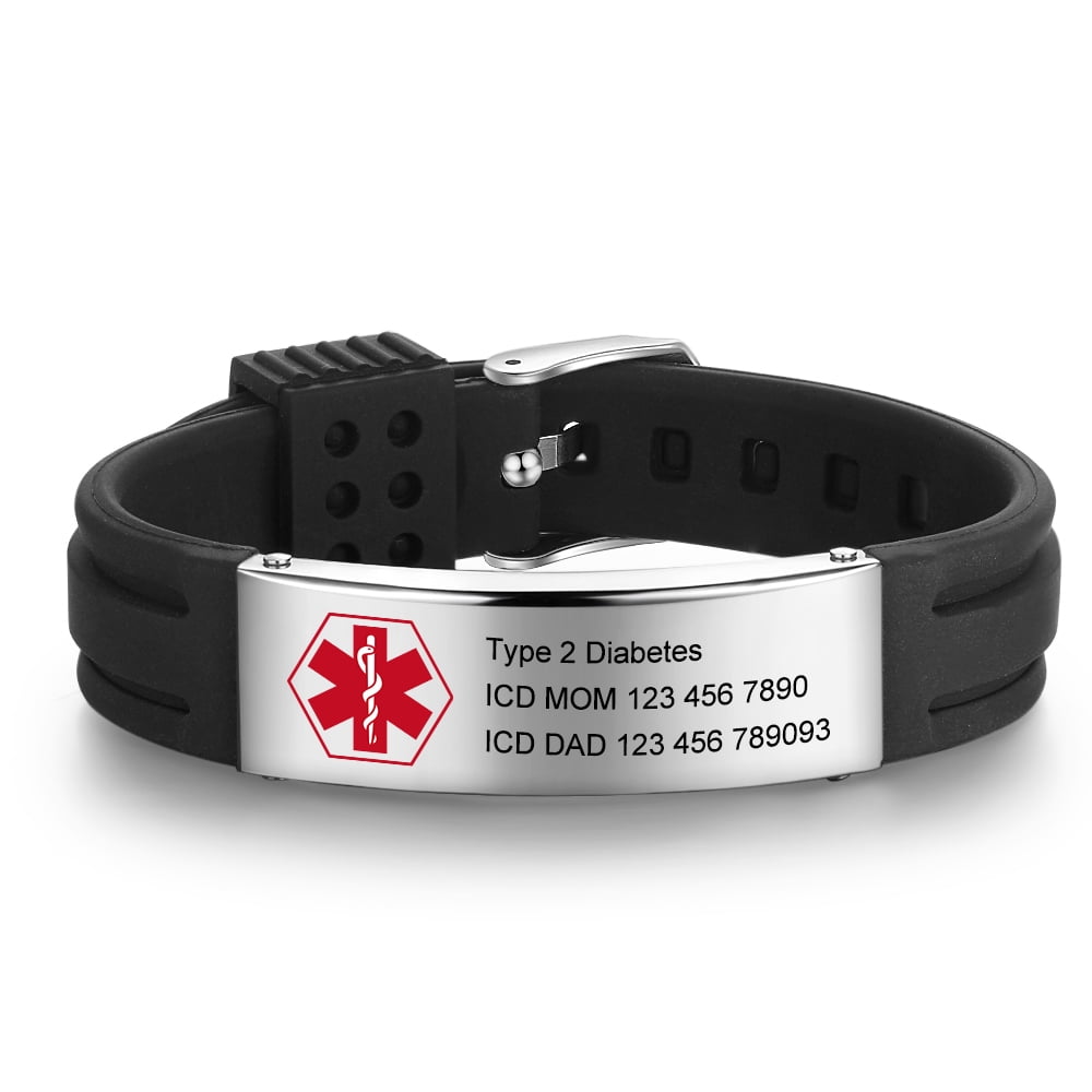 Personalize Laser Engraved Medical Alert ID Bracelet Silicone Bangle Adjustable for Women Men