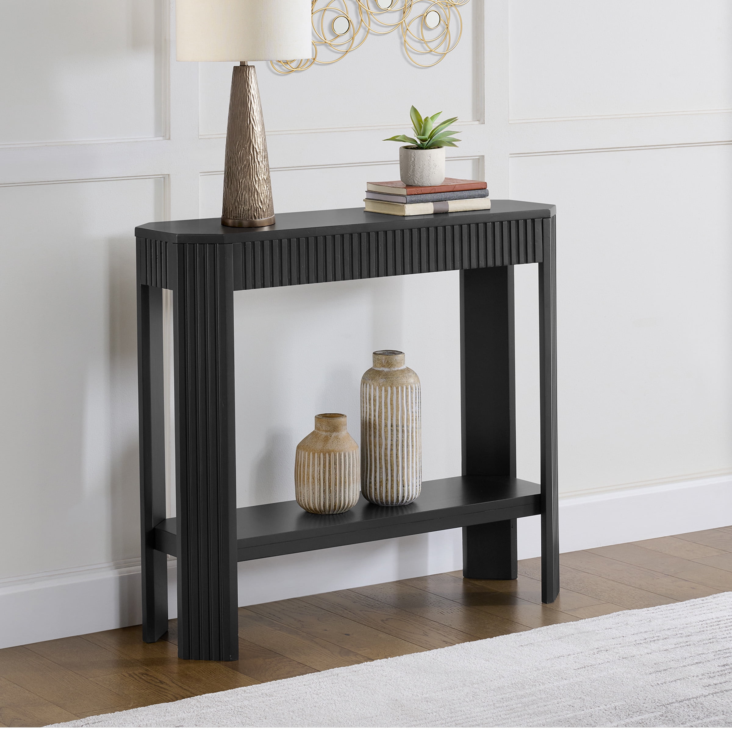 Alaterre Furniture Fluted Wood Console Table - 36in Modern Entryway Table with Storage Shelf, Black