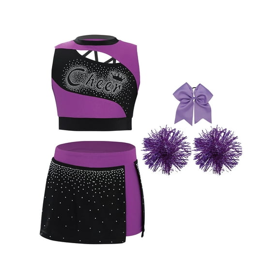 Haitryli Kids Girls Cheer Leader Party Cheerleading Outfit Carnival Uniform Crop Tops Skirt and Pom Pom Headwear Set Dancewear Purple 16